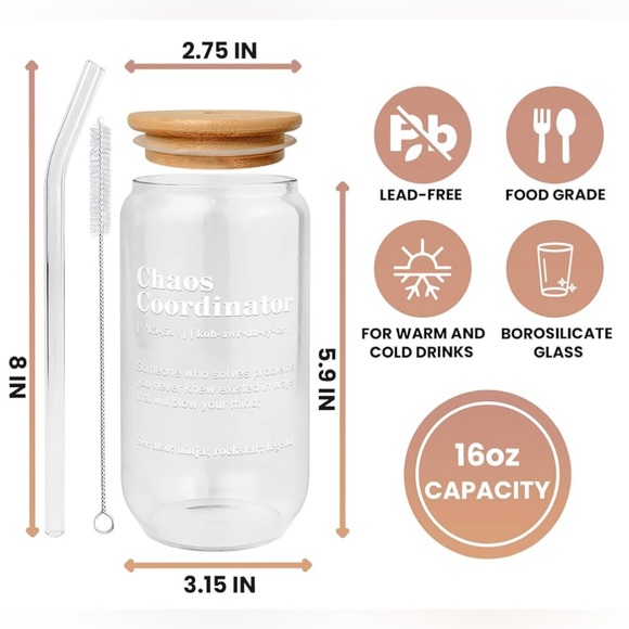 Chaos Coordinator Borosilicate Glass Can with Glass Straw and Bamboo Lid - Picture 4 of 4